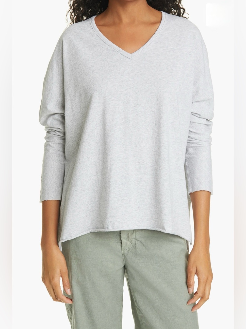Frank & Eileen Deep V Long Sleeve Cotton Relaxed Jersey Tee Gray XS